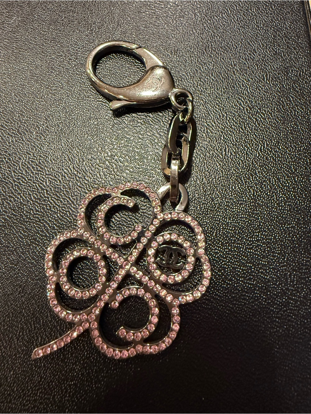 CHANEL Pink Crystal Camellia Bag Charm Key Ring Silver B17C Authentic